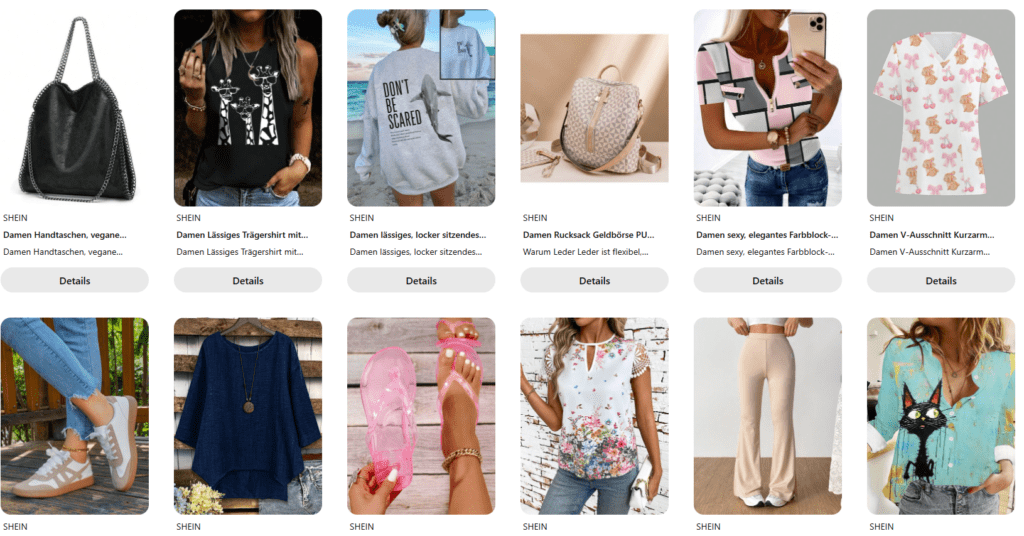 Grid of fashion items from SHEIN includes a black handbag, graphic tees, shoes, and more, showcasing casual and elegant styles. Bright, trendy, and diverse.