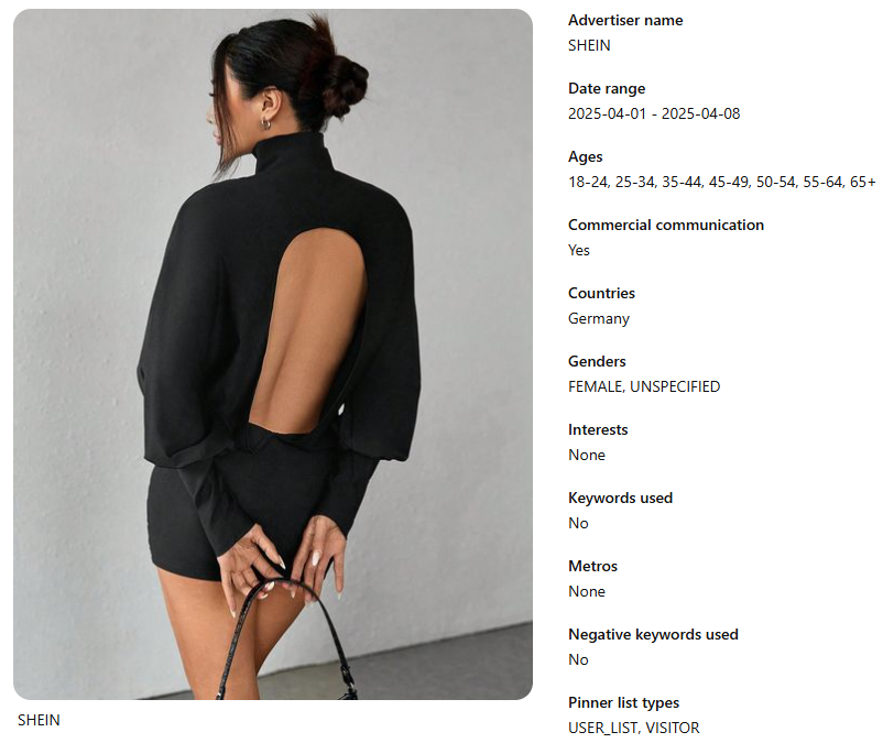 Woman in a sleek black dress with an open-back design, standing against a neutral wall. She holds a bag, creating a confident and elegant tone. Text to the right reads details about the ad, including advertiser name (SHEIN), date range, ages, countries, and more