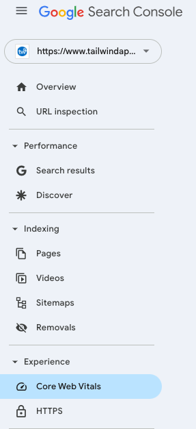 Dashboard of Google Search Console showing site URL with sidebar options, some of which are: Overview, Performance, Indexing, Experience, and Core Web Vitals, which is highlighted.