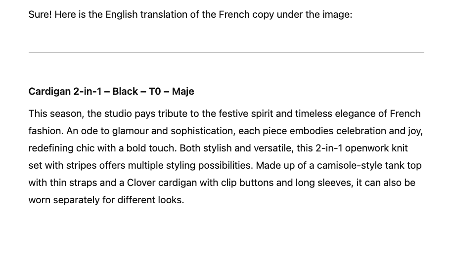 Image showing the English translation of French copy under an image. The translation describes a Maje cardigan set. Stylish black 2-in-1 knit includes a striped tank and long-sleeve cardigan, embodying chic elegance.
