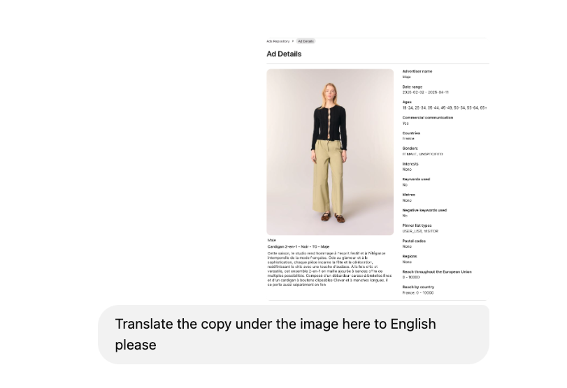 A webpage screenshot showing the description of ad details in French. Centered is an image of a person wearing a black cardigan and beige pants against a neutral backdrop. The mood is casual. Under the image are the instructions to ChatGPT: "Translate the copy under the image here to English please."