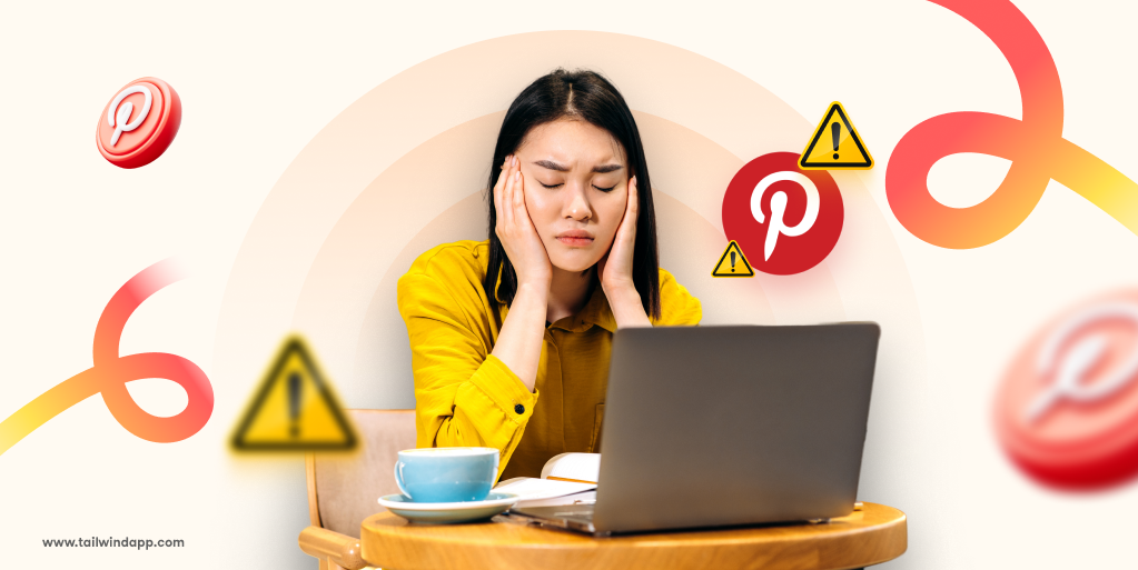 Frustrated person with closed eyes holding head, sitting at a laptop surrounded by Pinterest logos and caution symbols.