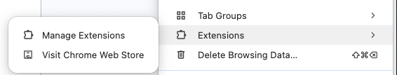 Dropdown menu in Chrome web browser displaying "Extensions" options, including "Manage Extensions" and "Visit Chrome Web Store."