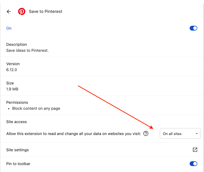 Settings page for the "Save to Pinterest" extension, showing version, size, and permissions. A red arrow points to "Allow on all sites."