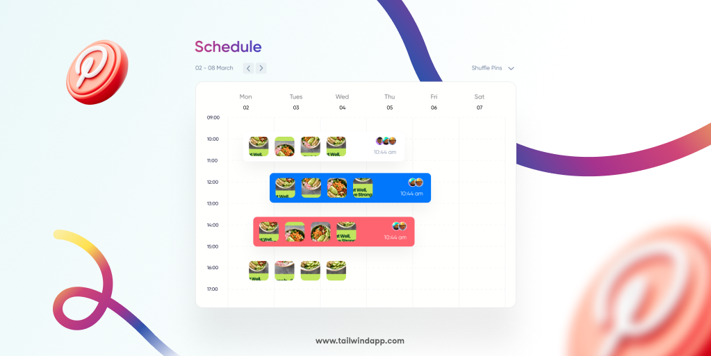 Image of a weekly digital calendar with scheduled Pins in different time slots and Pinterest logos on a white background. The Tailwind url (www.tailwindapp.com) is under the image.