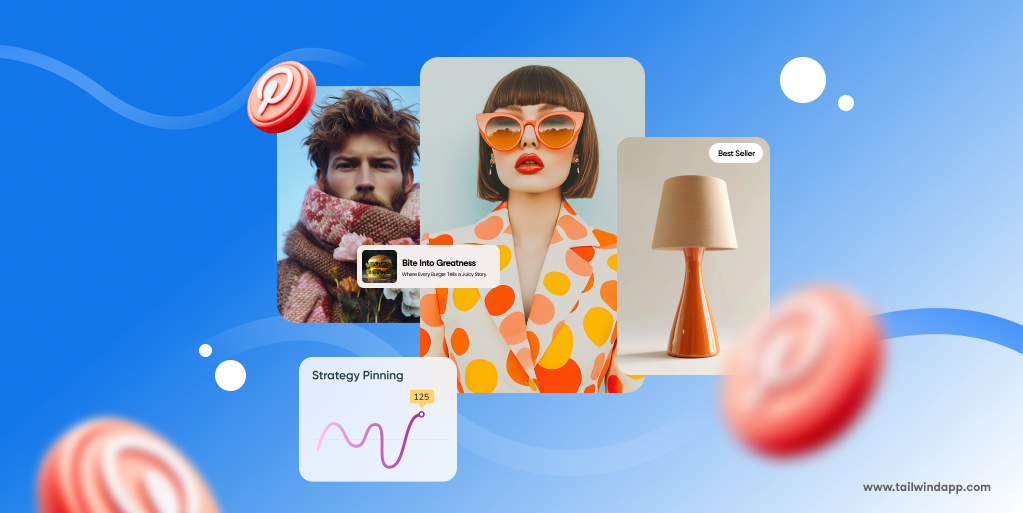 Several colorful images, including a fashionable woman dressed in an orange polka dot dress, a stylish lamp, and a man with an oversized scarf. A line graph called "Strategy Pinning" and several Pinterest logos on a blue and white gradient background.
