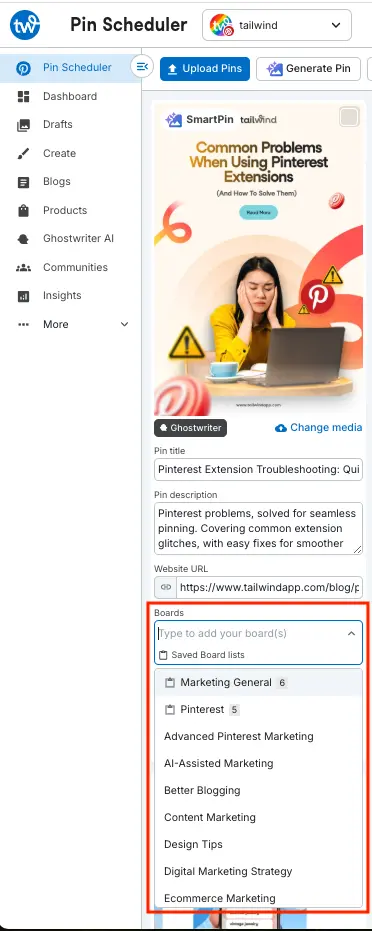 Screenshot of Tailwind's Pin Scheduler page with a Pin selected for a blog post called "Common Problems When Using Extensions." Beneath the Pin are fields for Pin title, Pin description, url, and a highlighted field for adding Board names.