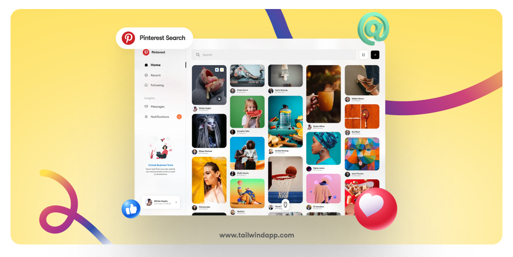 Image of a Pinterest feed with various colorful Pins on a yellow background. Social media icons decorate the corners. Under the image is the Tailwind url (www.tailwindapp.com).