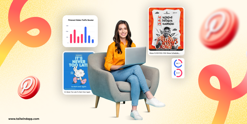 Smiling woman sitting in an armchair with her laptop on her lap on a light yellow background. She is surrounded by a couple of Pinterest Pins and a bar graph titled "Pinterest Hidden Traffic Booster." Around these images are the Tailwind url (www.tailwindapp.com) and Pinterest logos.