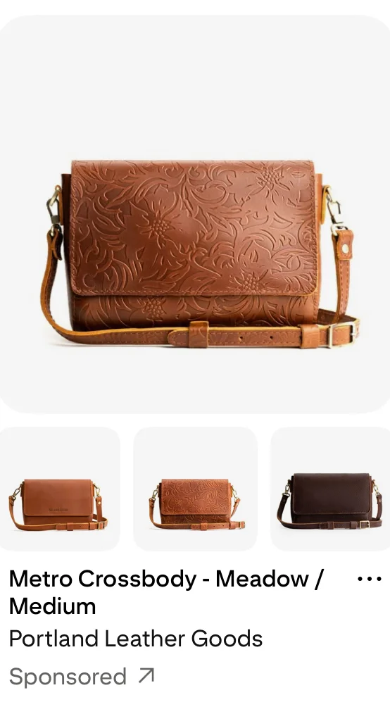 Pinterest Pin of a brown embossed leather crossbody bag with floral patterns. It features adjustable strap and buckle, showcasing craftsmanship from Portland Leather Goods. Beneath the main image are three thumbnails of the same bag in different colors.
