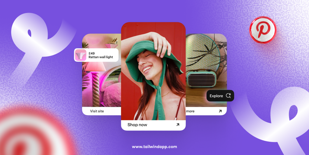 Three images showing a smiling woman in a hat with a 'shop now' button, an old-fashioned looking radio, and a rattan wall light with a price tag on it on a light purple background. Surrounding the images are the Tailwind lurl (www.tailwindapp.com), Pinterest logos, and white swirls.