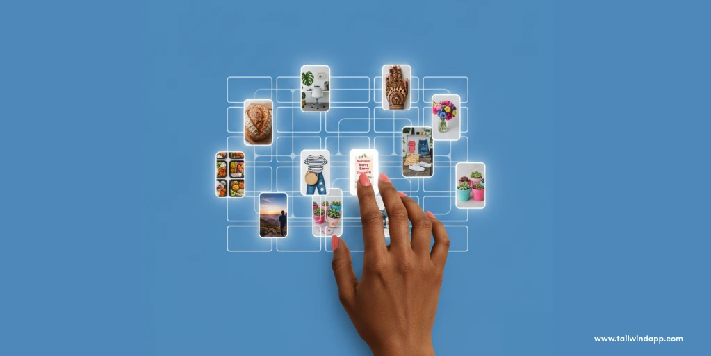 A hand dragging and moving Pinterest-style pins on a digital board, representing adding, removing, and organizing pins.