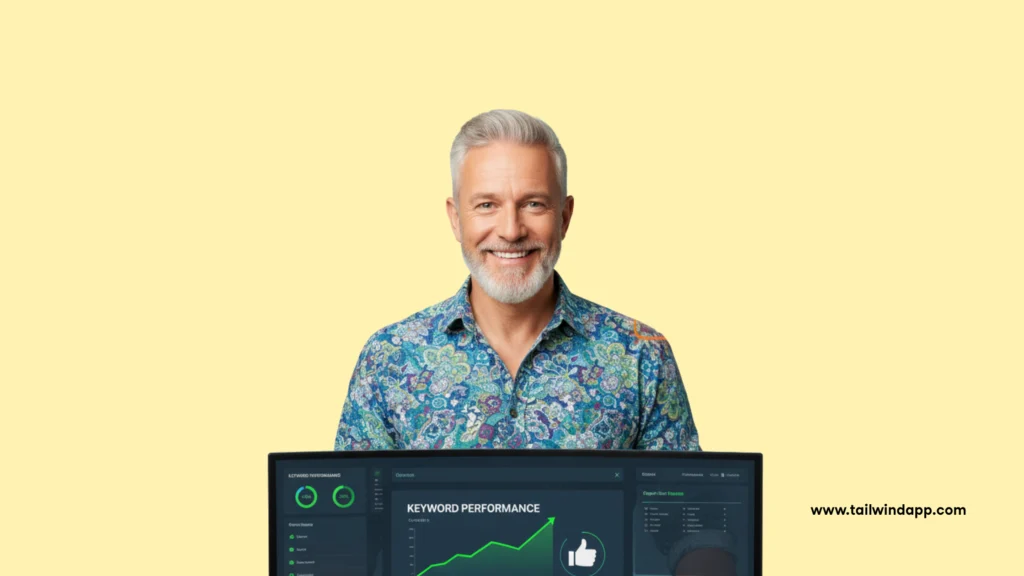 Smiling man holding a computer monitor showing keyword performance charts, symbolizing how to build a multi-stage keyword pipeline for Pinterest marketing.
