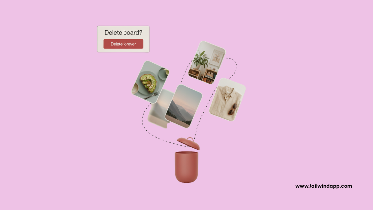 Illustration showing Pinterest boards being deleted into a trash bin with a “Delete board? Delete forever” prompt, representing how to delete a Pinterest board step-by-step.